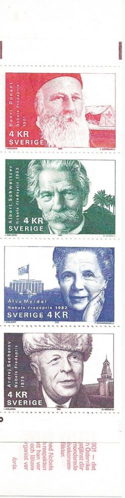 Швеция 1991 Нобелевские лауреаты: Анри Дюнан, Альберт Швейцер, Альва Мюрдаль и Андрей Дмитриевич Сахаров. Буклет из 2 сцепок по 4 марки